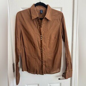 GAP Vintage Y2K Velvet Trim Brown Cotton Button Down Shirt Size Large